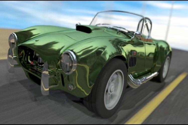 physically rendered green car on a black street with solid yellow line and blue sky with clouds in the background