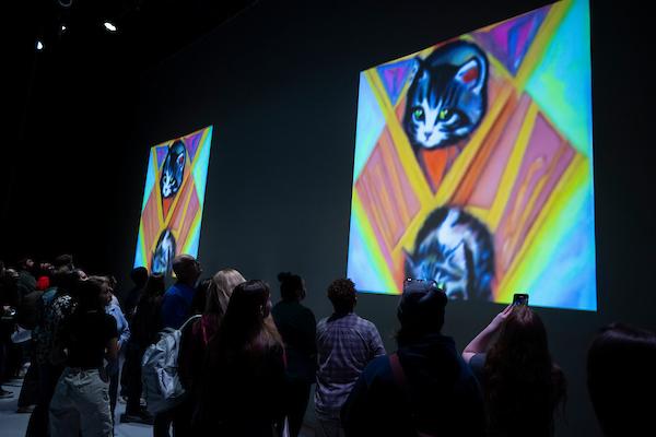 Audience members viewing image on a large projection screen. The image contains cats on the center top and center bottom.