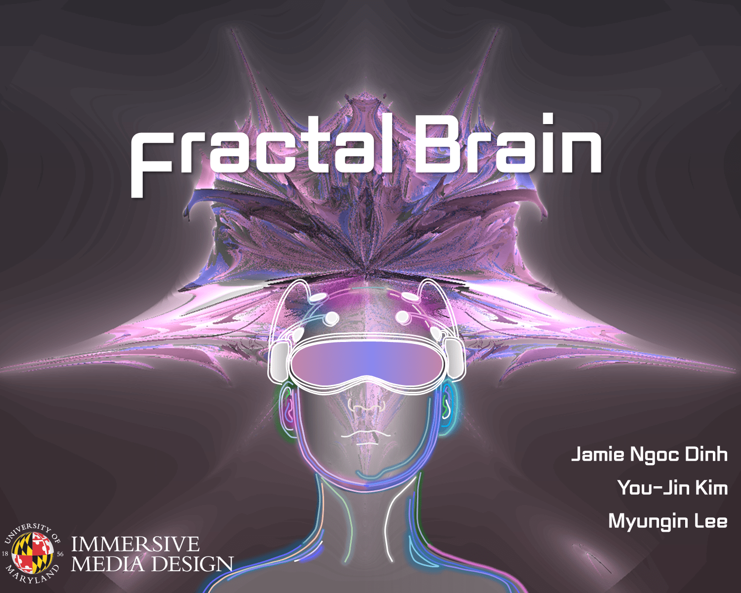 White text reading Fractal Brain on a grey-pink background over a neon outlines hu man head with a virtual reality headset and explosion out the brain.