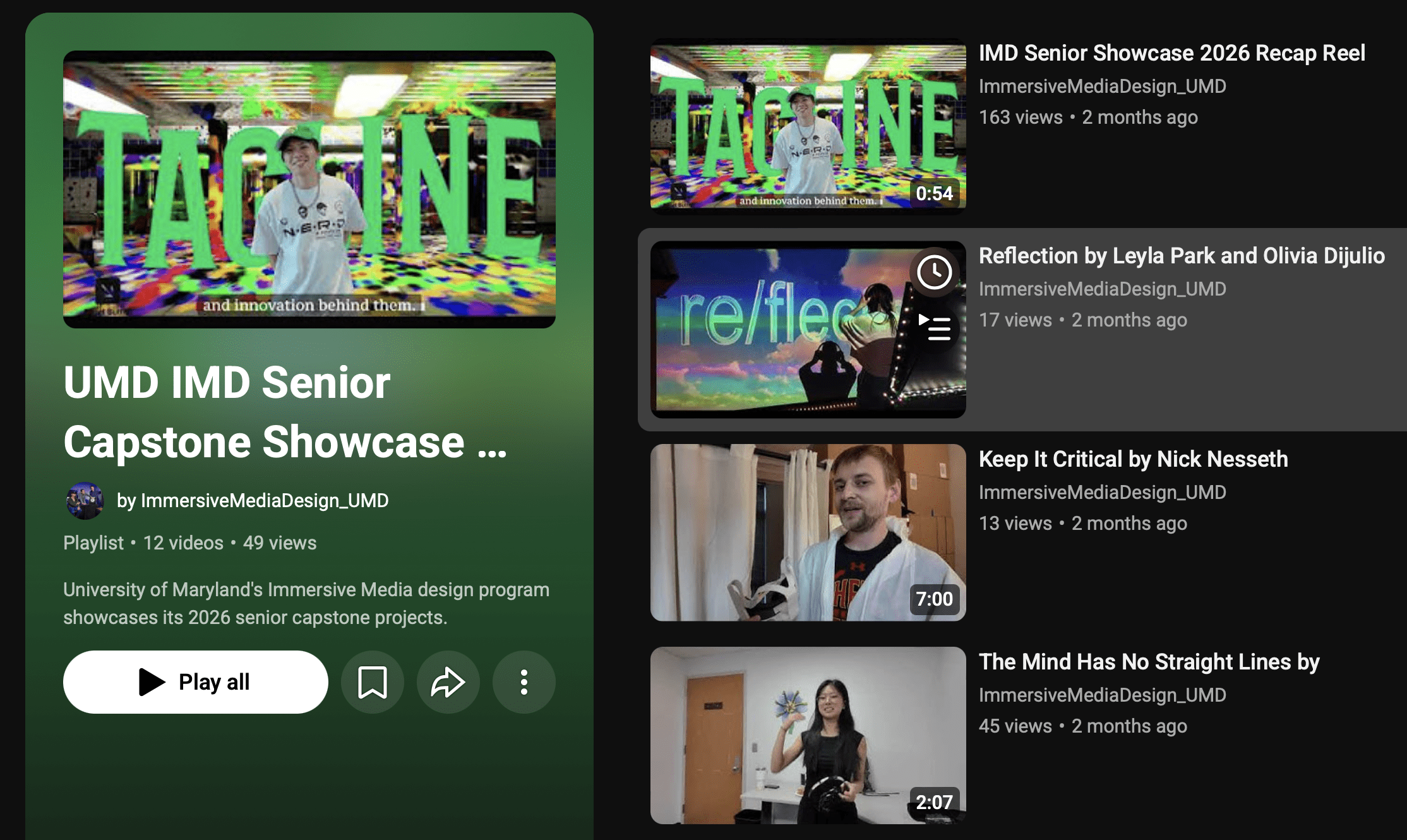 IMD Senior Capstone Youtube Playlist screenshot